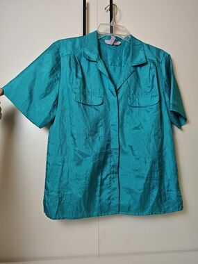 Laura & Jayne Vintage Short Sleeve Teal Button Front Shirt Collar Top 10